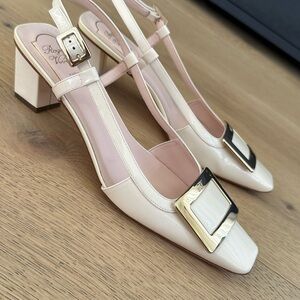 Roger Vivier Beige Slingback Heels with Gold Buckle 39